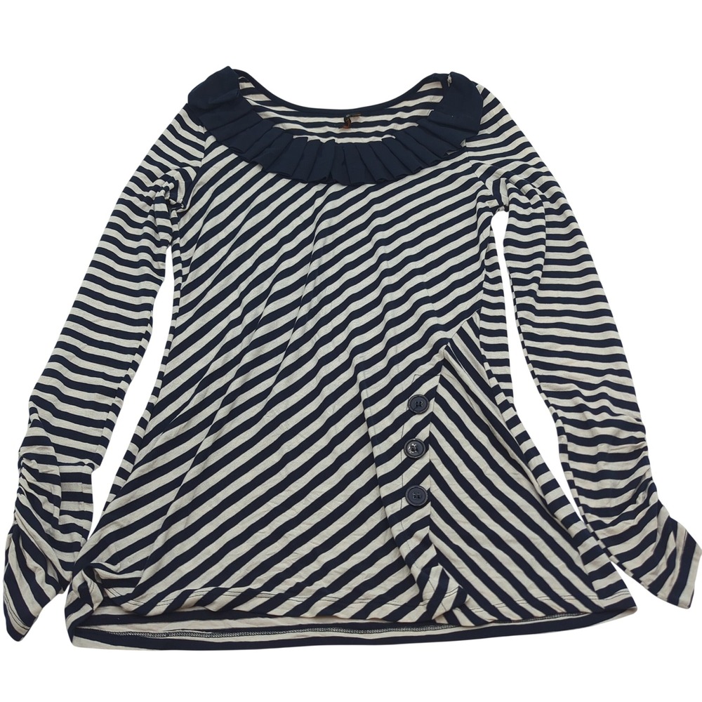 ThinkKnit Navy Cream Striped Long Sleeve Top Ruffle Collar Button Detail Small